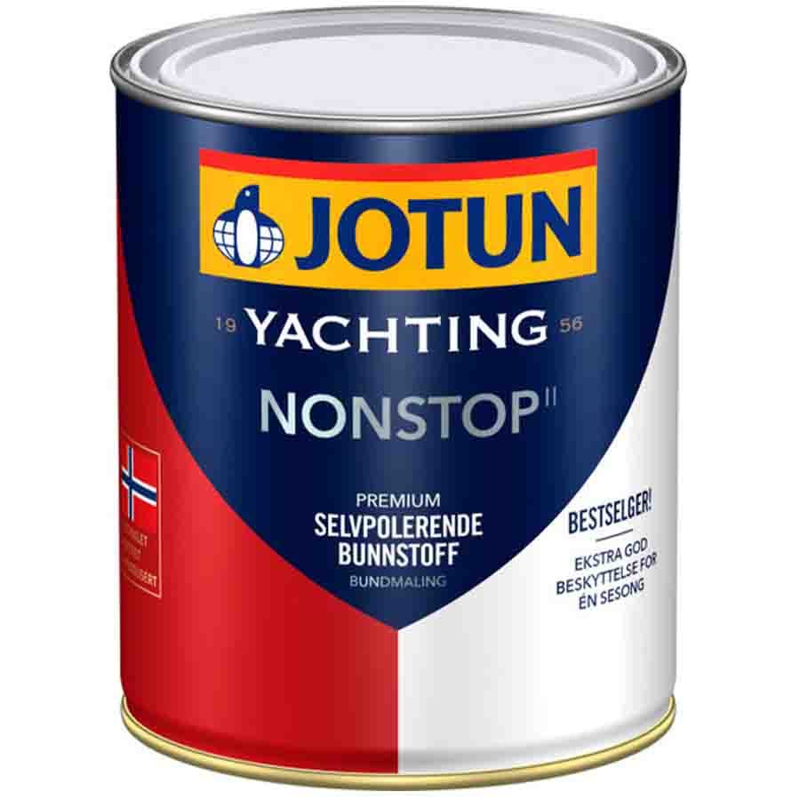 Klassiker fra Jotun! Jotun NonStop II er et av markedets mest populære selvpolerende bunnstoff. Gir svært effektiv beskyttelse mot groing sesongen igjennom. Jotun Nonstop II er et meget effektivt selvpolerende bunnstoff. Det gir en aktiv overflate som blir kontinuerlig fornyet slik at du får et rent skrog hele sesongen. Bunnstoffet kommer i seks farger. Hvit og grå er egnet for aluminiumsskrog. - Unik effekt mot begroing gjennom hele sesongen - Klare farger - For motorbåter og seilbåter - Overmalbar etter 12 timer - Kun hvit og grå kan brukes på aluminiumsskrog